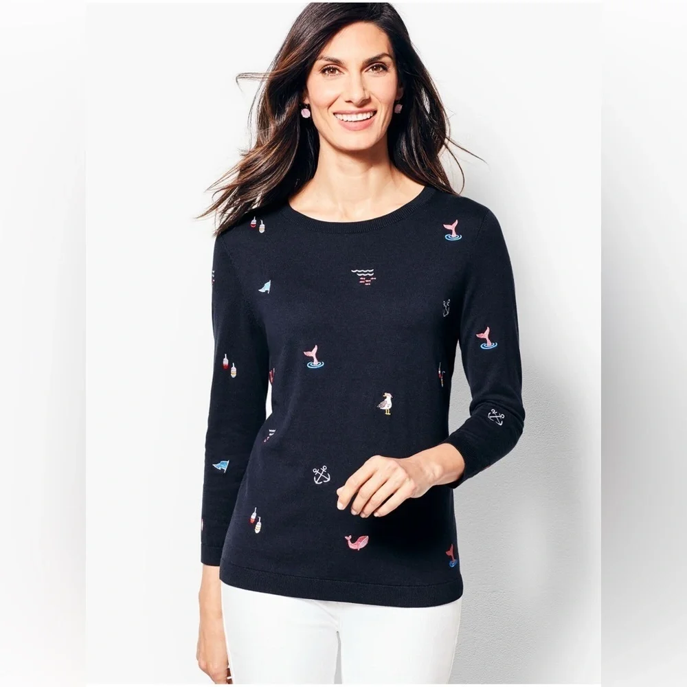 Talbots Three Quarter Sleeve Nautical Embroidered Sweater - Picture 1 of 8